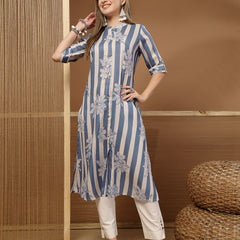 Stylum Women's Blue Floral & Striped Printed Poly Rayon A-Line Kurta (BLUEDAVID)
