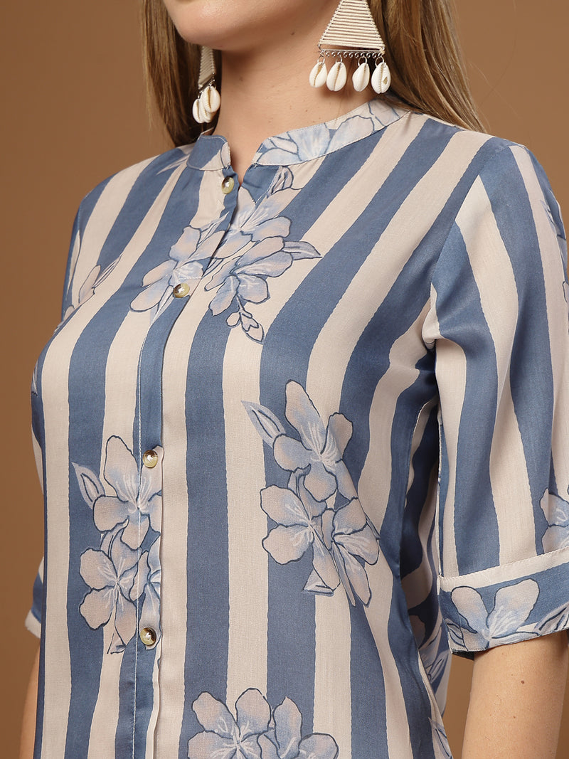 Stylum Women's Blue Floral & Striped Printed Poly Rayon A-Line Kurta (BLUEDAVID)