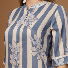 Stylum Women's Blue Floral & Striped Printed Poly Rayon A-Line Kurta (BLUEDAVID)