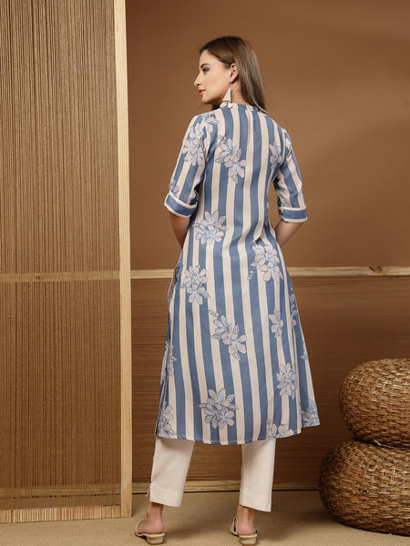Stylum Women's Blue Floral & Striped Printed Poly Rayon A-Line Kurta (BLUEDAVID)