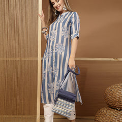 Stylum Women's Blue Floral & Striped Printed Poly Rayon A-Line Kurta (BLUEDAVID)