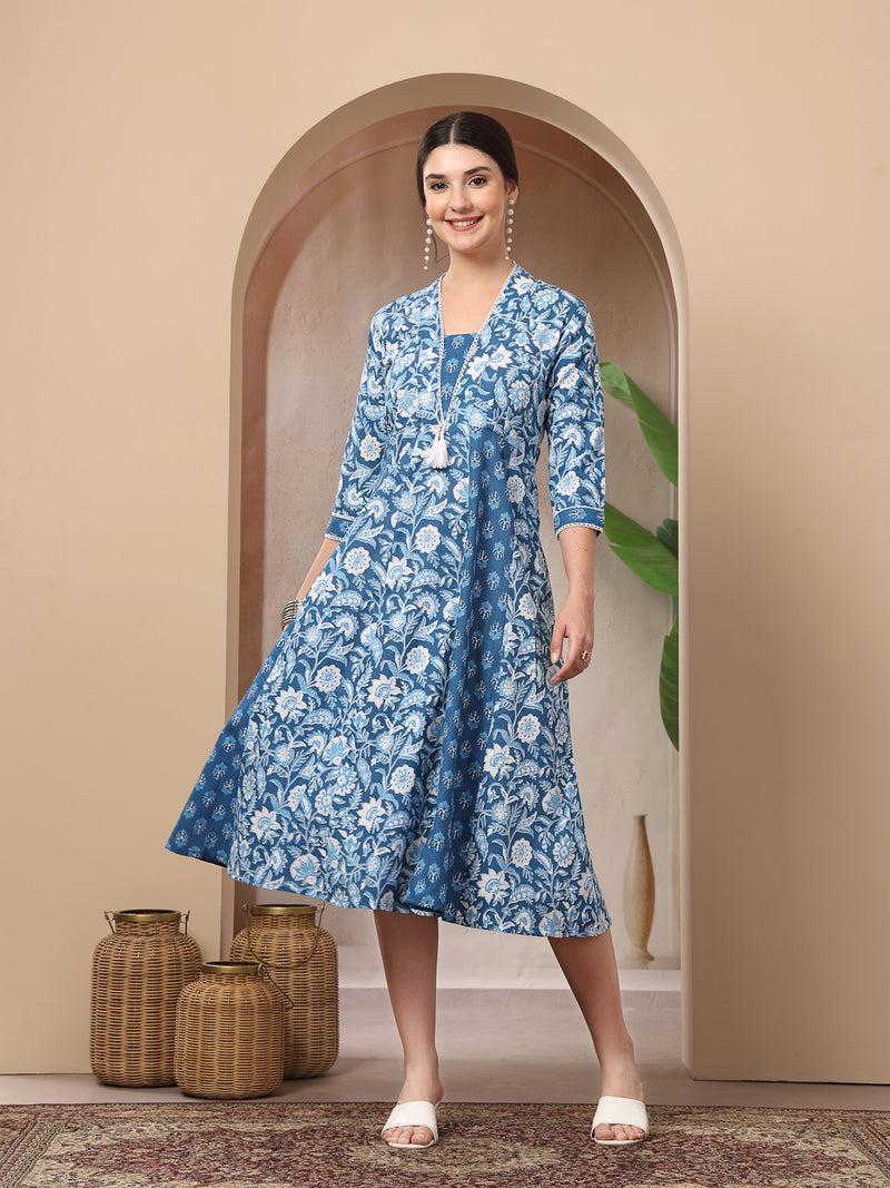Stylum Women's Blue Floral Printed Cotton  Flared Kurta (BLUEDUKE)