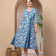 Stylum Women's Blue Floral Printed Cotton  Flared Kurta (BLUEDUKE)