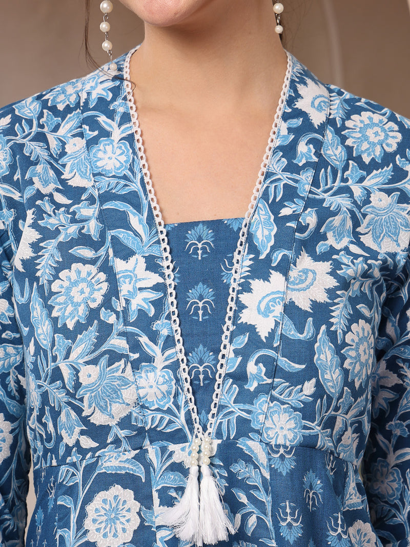 Stylum Women's Blue Floral Printed Cotton  Flared Kurta (BLUEDUKE)