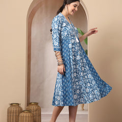 Stylum Women's Blue Floral Printed Cotton  Flared Kurta (BLUEDUKE)