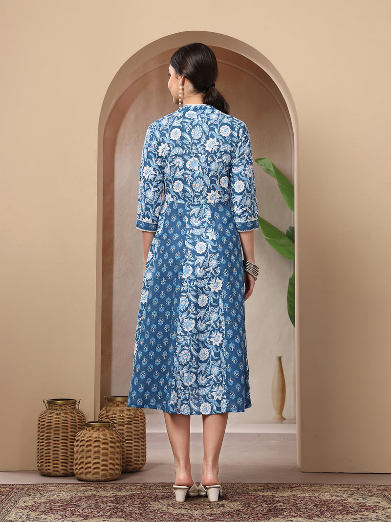 Stylum Women's Blue Floral Printed Cotton  Flared Kurta (BLUEDUKE)