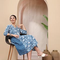 Stylum Women's Blue Floral Printed Cotton  Flared Kurta (BLUEDUKE)