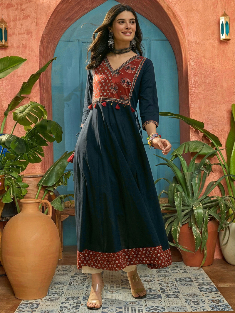 Stylum Women's Blue Solid Cotton Flared Kurta (BLUEMANDALA)