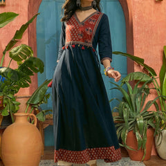 Stylum Women's Blue Solid Cotton Flared Kurta (BLUEMANDALA)