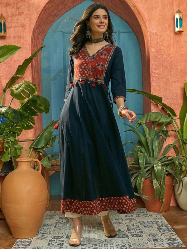 Stylum Women's Blue Solid Cotton Flared Kurta (BLUEMANDALA)