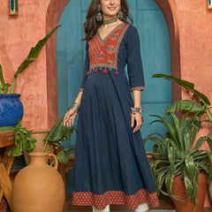 Stylum Women's Blue Solid Cotton Flared Kurta (BLUEMANDALA)