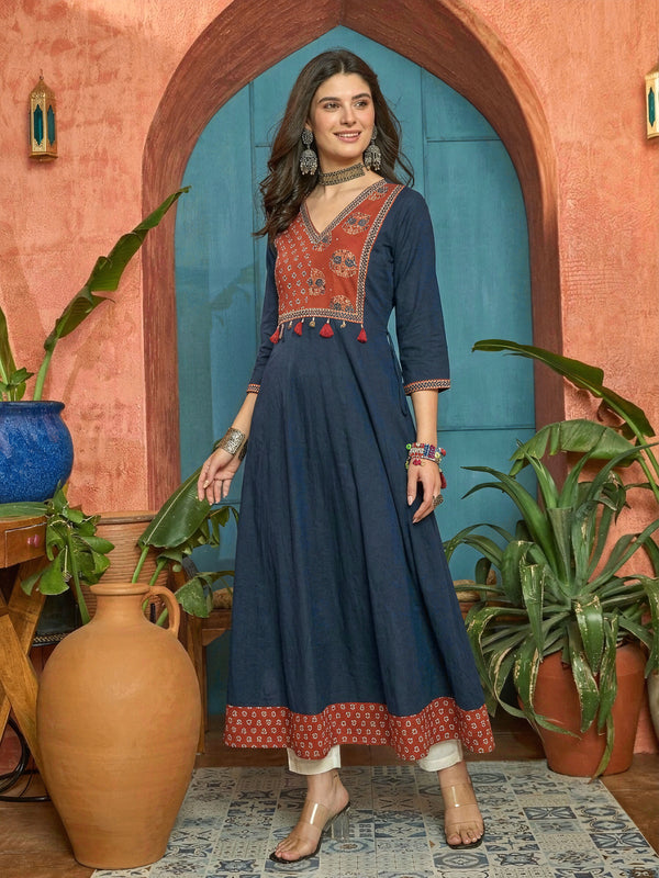 Stylum Women's Blue Solid Cotton Flared Kurta (BLUEMANDALA)