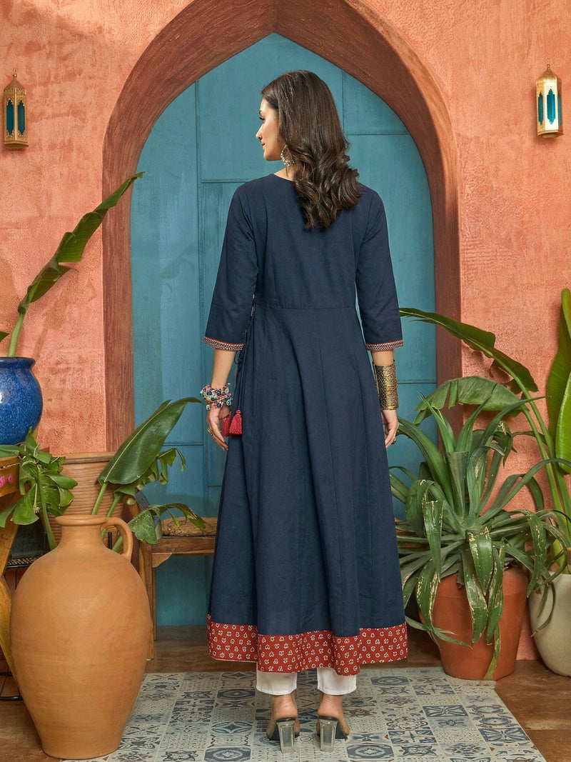 Stylum Women's Blue Solid Cotton Flared Kurta (BLUEMANDALA)