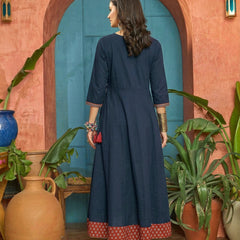 Stylum Women's Blue Solid Cotton Flared Kurta (BLUEMANDALA)
