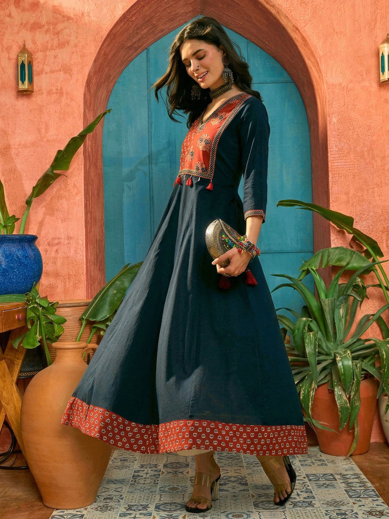 Stylum Women's Blue Solid Cotton Flared Kurta (BLUEMANDALA)