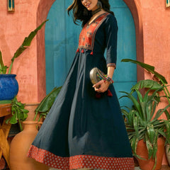 Stylum Women's Blue Solid Cotton Flared Kurta (BLUEMANDALA)