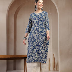 Stylum Women's Blue Floral Printed Cotton Straight Kurta (BLUEMANDU)