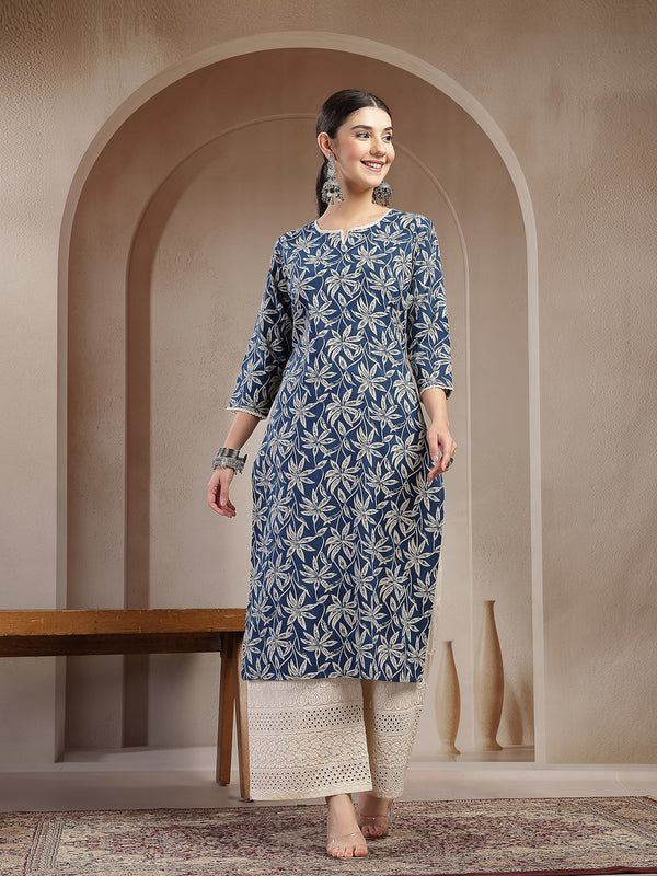 Stylum Women's Blue Floral Printed Cotton Straight Kurta (BLUEMANDU)