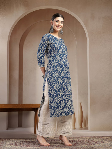 Stylum Women's Blue Floral Printed Cotton Straight Kurta (BLUEMANDU)