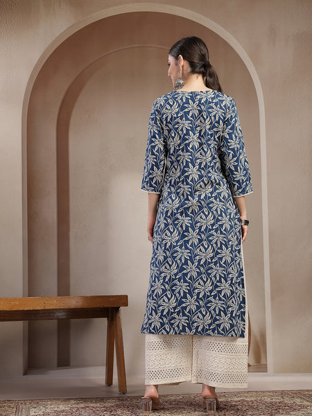 Stylum Women's Blue Floral Printed Cotton Straight Kurta (BLUEMANDU)
