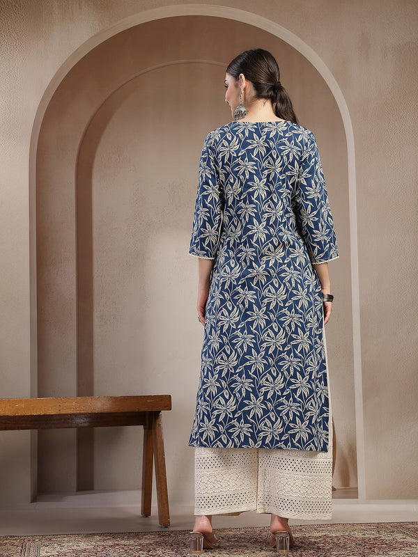 Stylum Women's Blue Floral Printed Cotton Straight Kurta (BLUEMANDU)