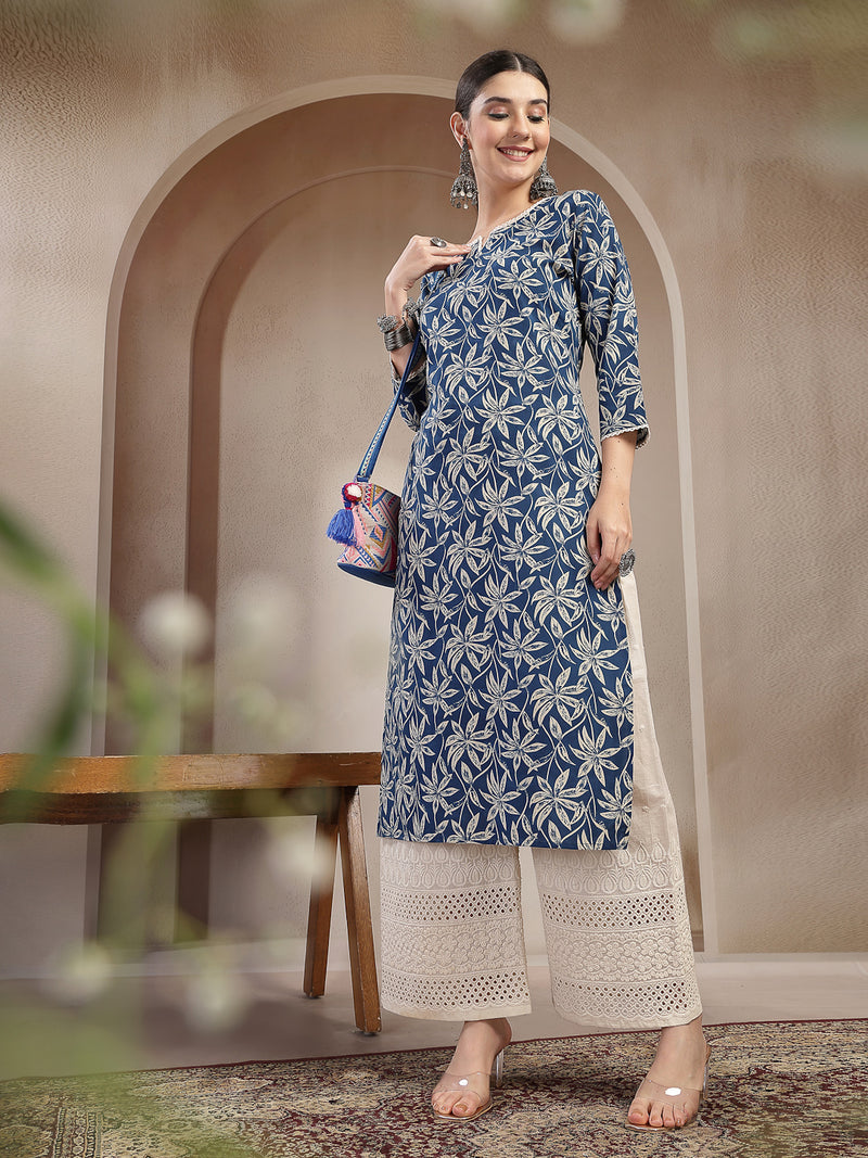 Stylum Women's Blue Floral Printed Cotton Straight Kurta (BLUEMANDU)