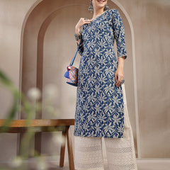 Stylum Women's Blue Floral Printed Cotton Straight Kurta (BLUEMANDU)