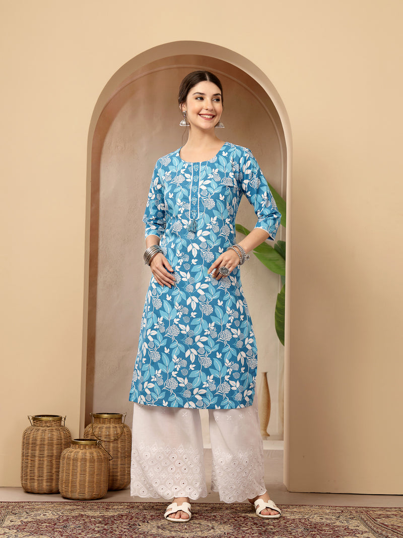 Stylum Women's Blue Floral Printed Cotton Straight Kurta (BLUEMIHI)