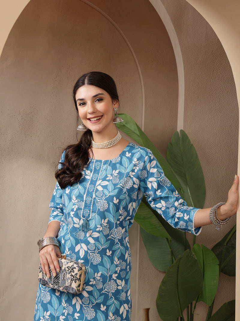 Stylum Women's Blue Floral Printed Cotton Straight Kurta (BLUEMIHI)