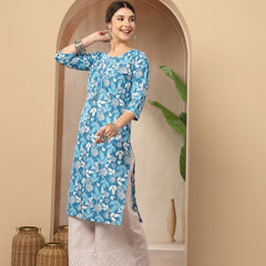 Stylum Women's Blue Floral Printed Cotton Straight Kurta (BLUEMIHI)