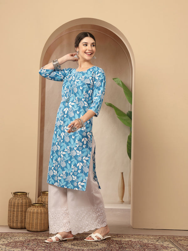 Stylum Women's Blue Floral Printed Cotton Straight Kurta (BLUEMIHI)