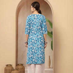 Stylum Women's Blue Floral Printed Cotton Straight Kurta (BLUEMIHI)