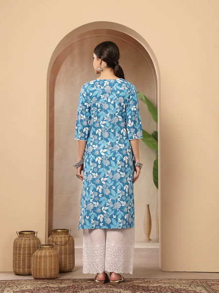 Stylum Women's Blue Floral Printed Cotton Straight Kurta (BLUEMIHI)