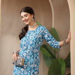 Stylum Women's Blue Floral Printed Cotton Straight Kurta (BLUEMIHI)