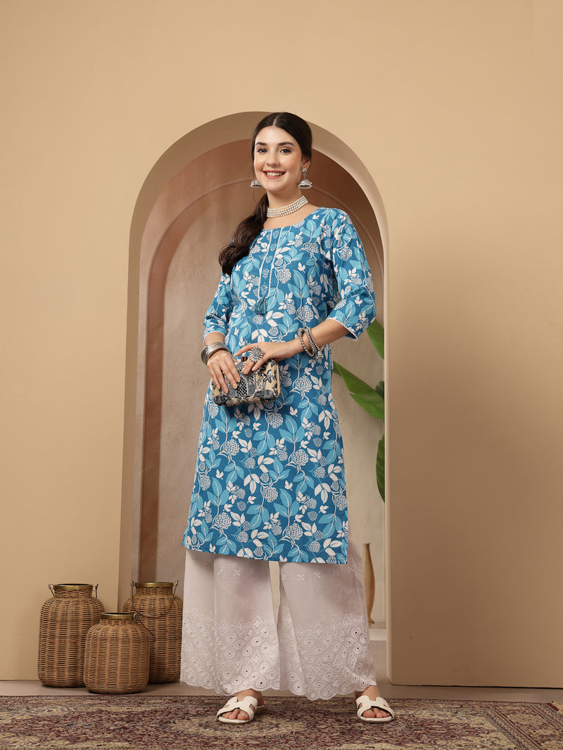 Stylum Women's Blue Floral Printed Cotton Straight Kurta (BLUEMIHI)