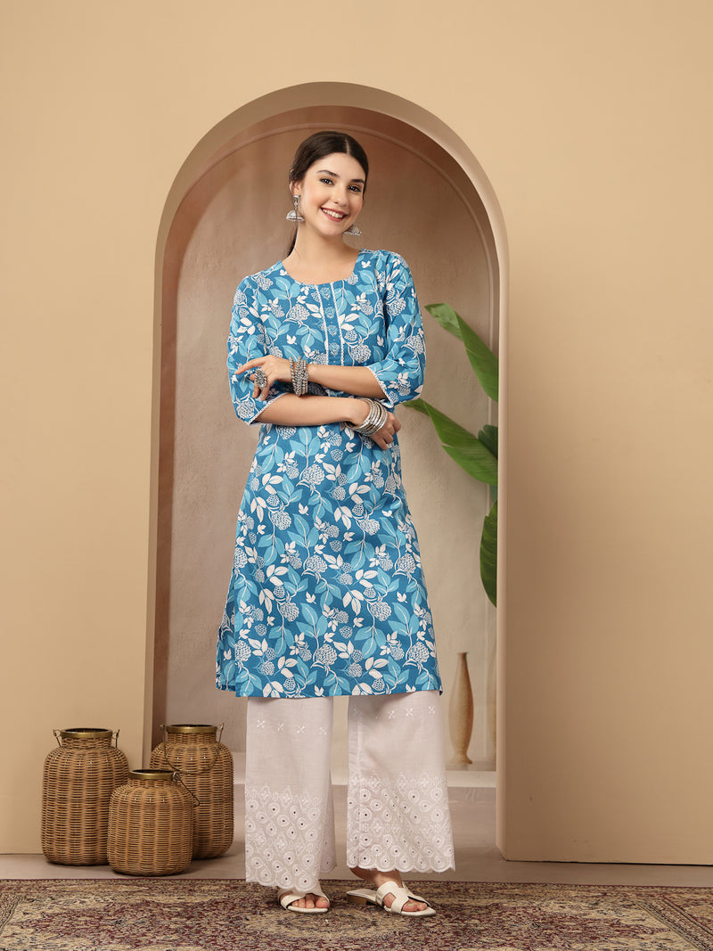 Stylum Women's Blue Floral Printed Cotton Straight Kurta (BLUEMIHI)