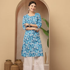 Stylum Women's Blue Floral Printed Cotton Straight Kurta (BLUEMIHI)