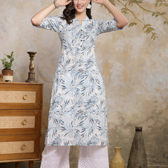 Stylum Women's Blue Botanical Printed Cotton Straight Kurta (BLUEPALM)