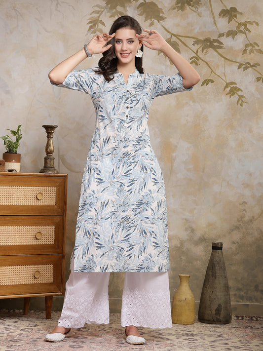 Stylum Women's Blue Botanical Printed Cotton Straight Kurta (BLUEPALM)