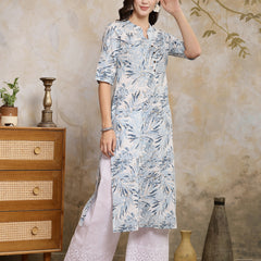 Stylum Women's Blue Botanical Printed Cotton Straight Kurta (BLUEPALM)