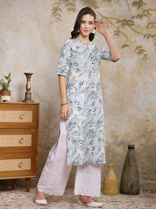 Stylum Women's Blue Botanical Printed Cotton Straight Kurta (BLUEPALM)