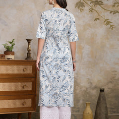 Stylum Women's Blue Botanical Printed Cotton Straight Kurta (BLUEPALM)