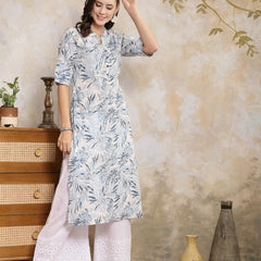 Stylum Women's Blue Botanical Printed Cotton Straight Kurta (BLUEPALM)