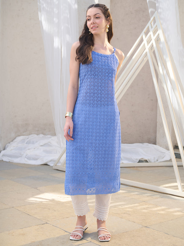 Stylum Women's Blue Chikankari Geogratte Straight Kurta (BLUEPERK)