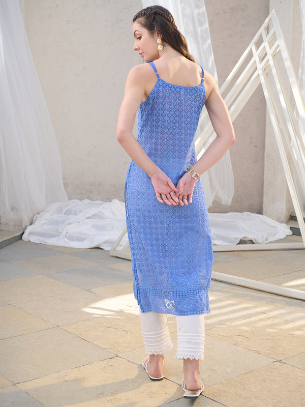 Stylum Women's Blue Chikankari Geogratte Straight Kurta (BLUEPERK)