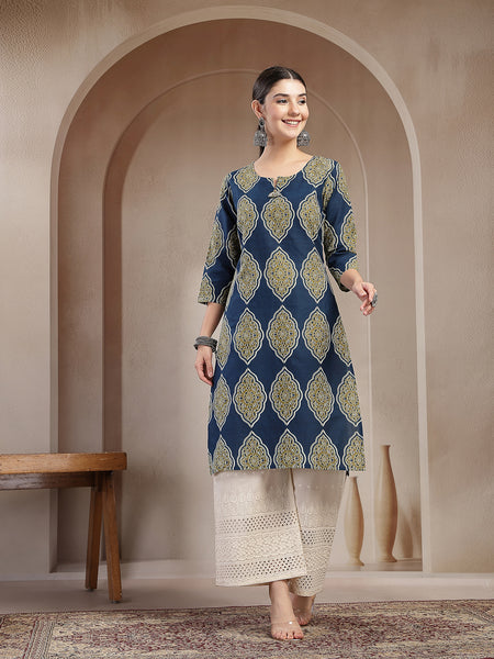 Stylum Women's Blue Ethnic Printed Cotton Straight Kurta (BLUERANGER)