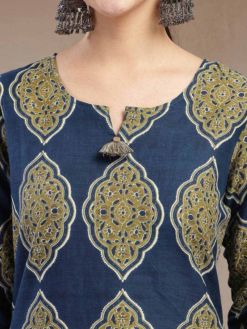 Stylum Women's Blue Ethnic Printed Cotton Straight Kurta (BLUERANGER)