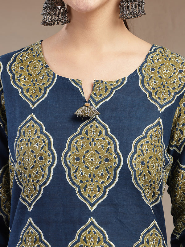 Stylum Women's Blue Ethnic Printed Cotton Straight Kurta (BLUERANGER)