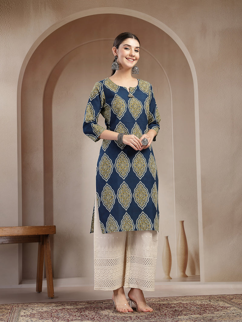 Stylum Women's Blue Ethnic Printed Cotton Straight Kurta (BLUERANGER)