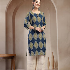 Stylum Women's Blue Ethnic Printed Cotton Straight Kurta (BLUERANGER)